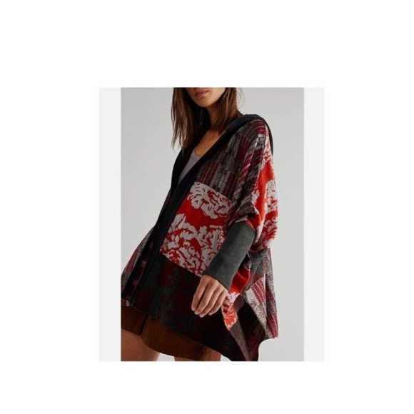 Free People Sweaters - Free People Autumn Patchwork Poncho Cardigan XS/S Hood Dolman Sleeve Boho